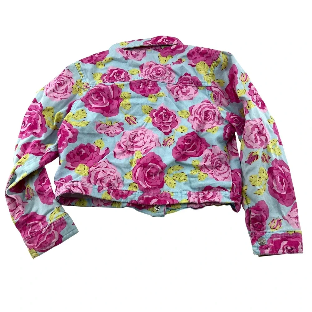 The Childrens Place Girls Floral Cropped Denim Jacket S Pink & Green Roses‎